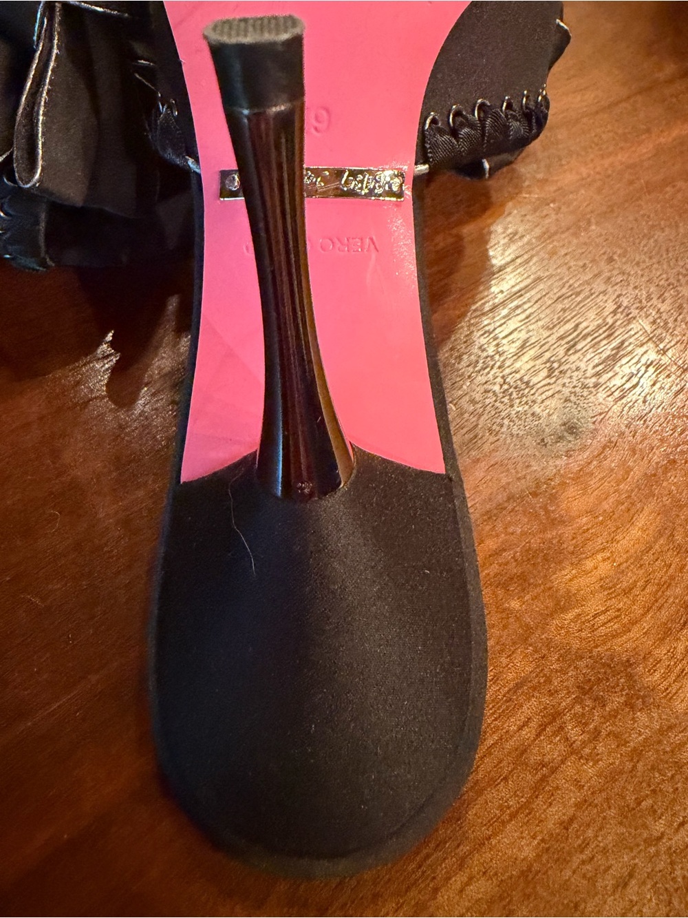 Betsey Johnson Black Satin Bow Mules with Pink & Green Floral Insole - Picture 6 of 6